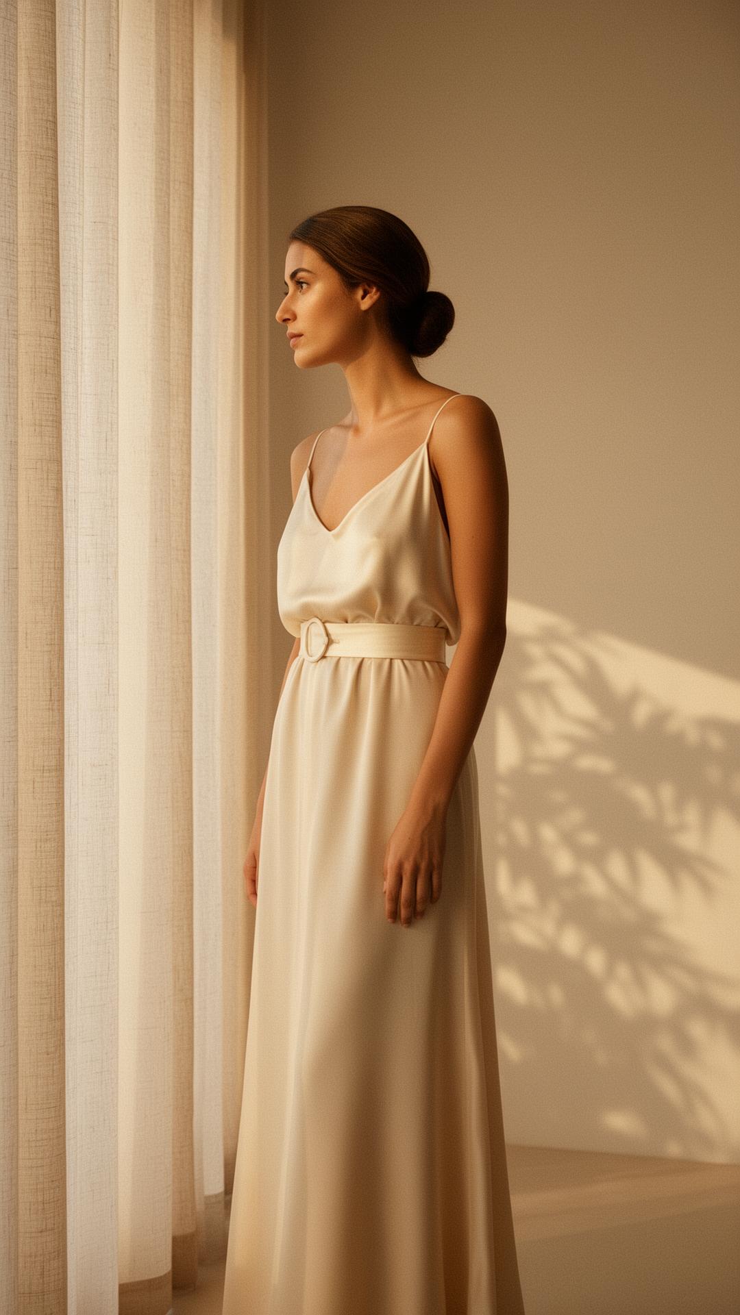 Editorial Virtuana — mulher em vestido de seda creme em ambiente sereno e iluminação suave